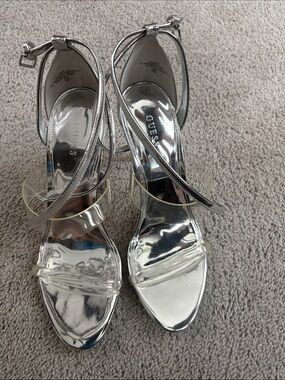 GUESS Silver Metallic Heeled Sandals with Clear Straps